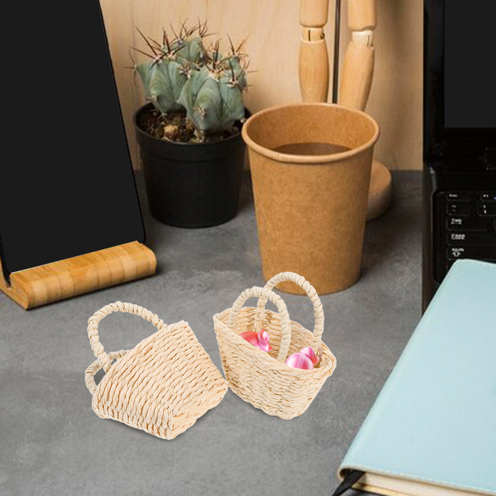 2 cestas de rafia miniatura co - Desk Setup For Small Space reseña y precio
